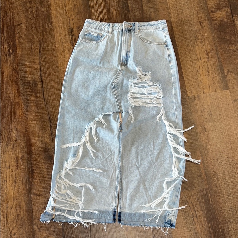 Light Wash Distressed Denim Maxi Skirt